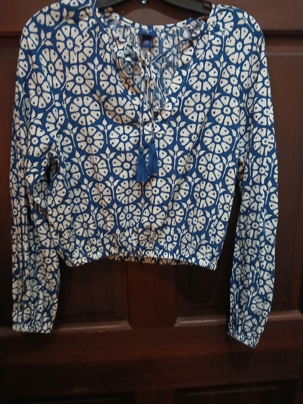 Roller Rabbit Blue and White Tie-Front Printed Women's Peasant Top XXS NWT